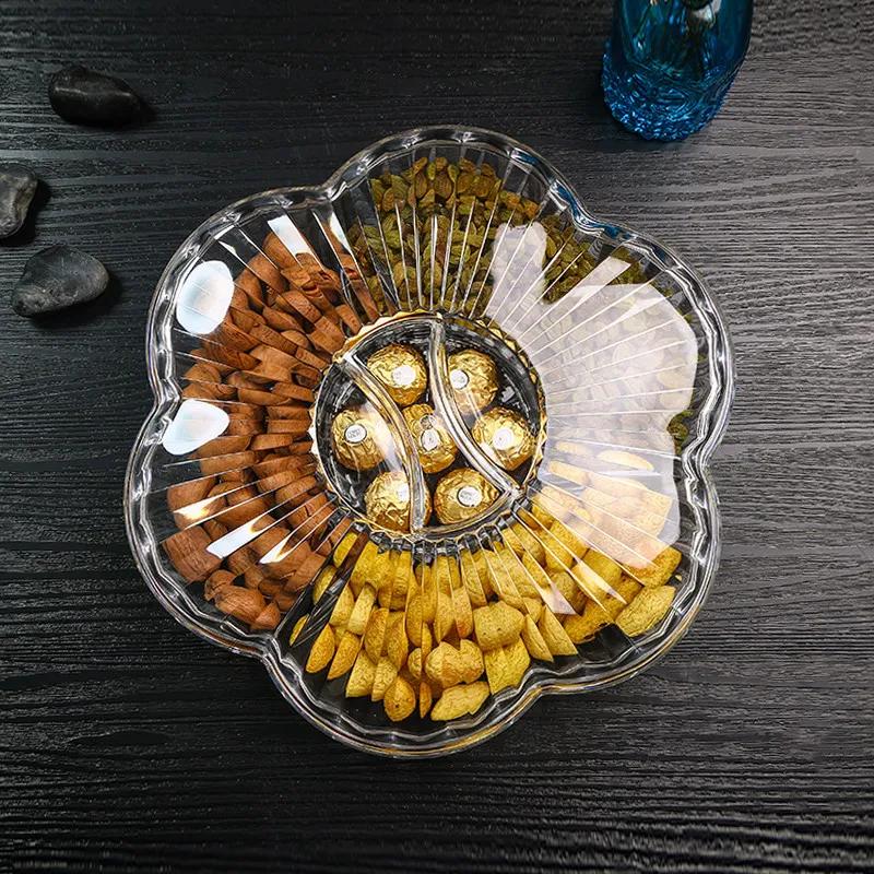 Creativity Flower Shape Acrylic Dried Fruit Box Living Room Four Grid with Cover Food Storage Transparent Amber Snacks Plate