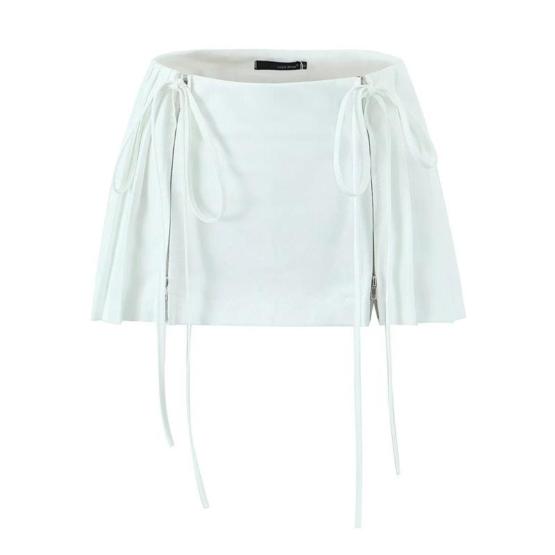 WTEMPO Girl's High Waist Double Drawstring Zipper Short Skirts Women's Solid All-match Pleated A-line Mini Skirts