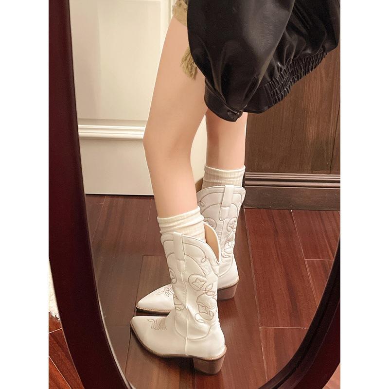 Western Cowboy Boots Women's 2025 New Autumn Retro Embroidery Pointed Thick Heel But Knee Mid-tube Knight Boots