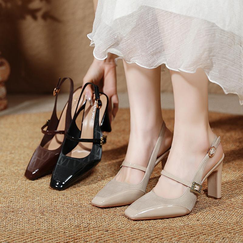 Baotou Sandals Mary Jane High Heels Thick Heel Summer Square Head Word with Empty Shoes
