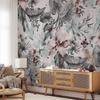 Wallpaper - Nature In Retro Style - Landscape with Leaves and Flowers In Gray Tones