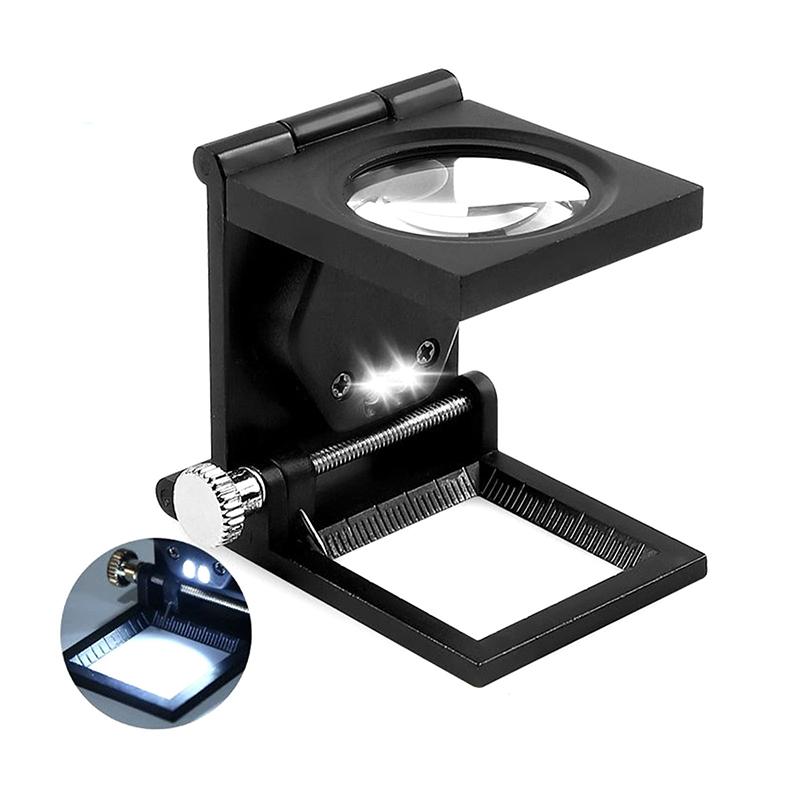 1pz 10X Lente d'Ingrandimento Ottica Pieghevole in Metallo Lente d'Ingrandimento da Scrivania Strumenti di Misura con Luci LED Scala