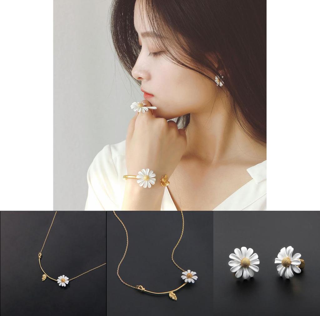 Asymmetric Daisy Flower Jewelry In Silver Tone For Women And Gift Giving