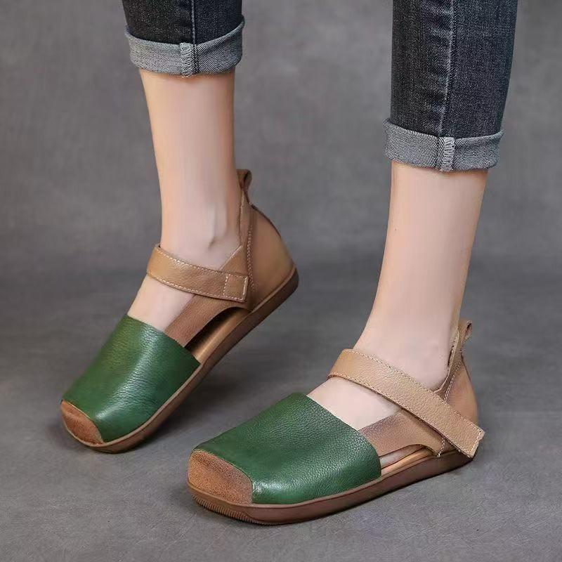 Summer Sandals for Women: Flat, Slip-Resistant, Open-Toe, Two-Tone Mary Jane Sandals with Soft Leather Upper In Retro Artistic Style