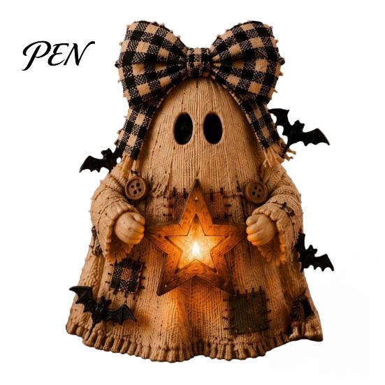 Small Apartment Ornaments Lighted Vintage Patchwork Ghost Figurine with LED Lantern, Rustic Farmhouse Halloween Figurine, Decorative Fall Figurines