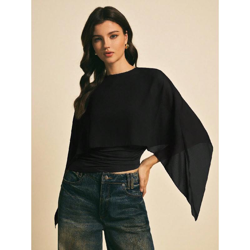 2026 Women's Cape Sleeve T-Shirt Slim Fit Round Neck Chiffon Blouse Elegant Asymmetrical Top