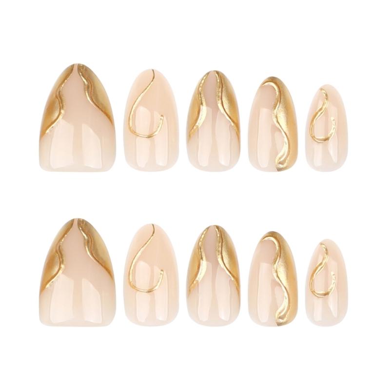 24 Stück Mandel-Press-On-Nägel Kurze Falsche Nägel Vollabdeckung Glänzend Acryl Mit Goldlinien-Designs Nagelzubehör