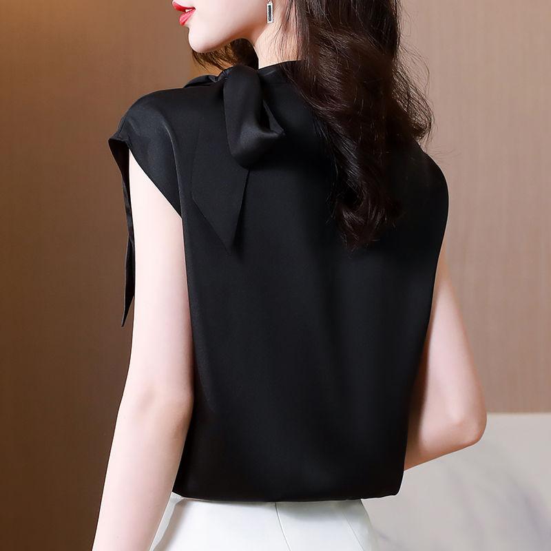 Black Chiffon Summer Blouse Women Sleeveless Bow Tie Slim Fit Casual Elegant Stylish Top