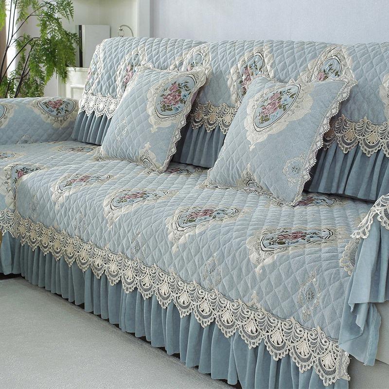 Thicken Lace Embroidered Sofa Cover Cotton Padded Chenier Sofas Cushion L Anti Slip Seat Cushion Furniture Protection Dust Covers Cloth