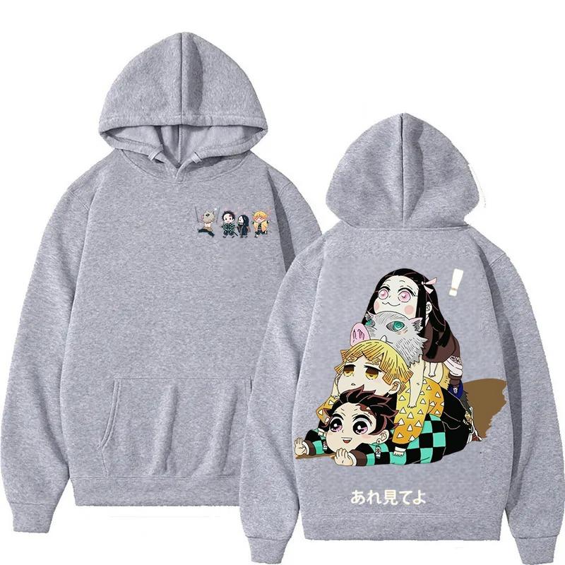 

Demon Slayer Chibi Group Print Gray Hoodie, Oversized Streetwear Sweatshirt for Men Women, Long Sleeve Casual Autumn Top, Unisex 3XL