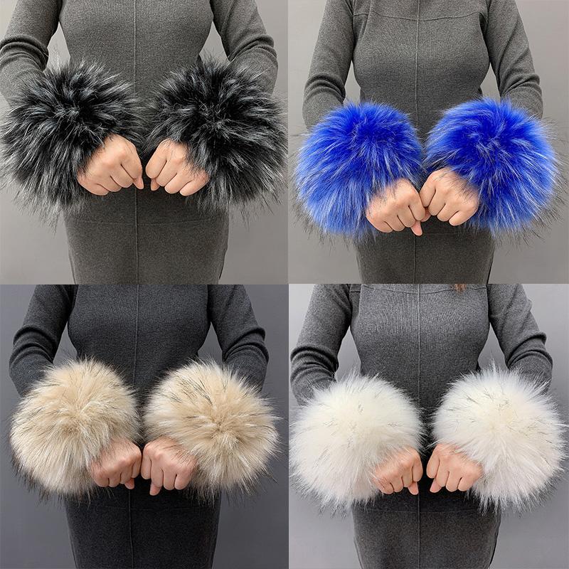 1 paire de bracelets moelleux pour poignets et bras en fausse fourrure de renard pour femme