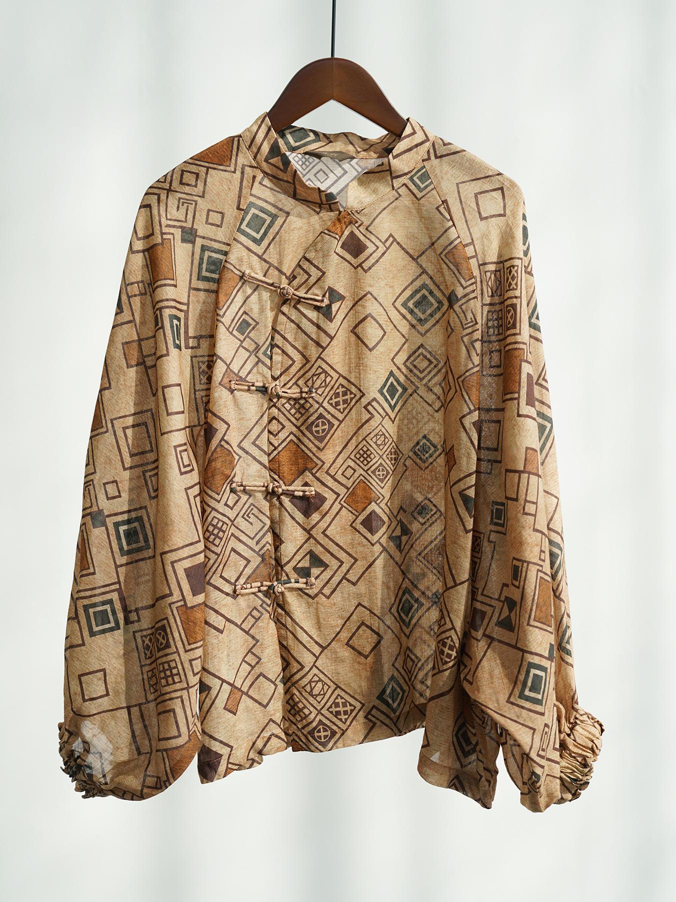 

Johnature Women Vintage Shirts Plaid Stand Bat Sleeve Blouses Spring Button Chinese Style Loose Button Shirts One Size