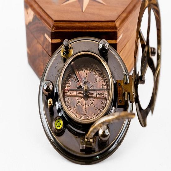 Brass Gilbert Compass in Wood Box Heavy Duty Magnetic Navigational Tool Unique Gift for Collectors, Explorers  Nautical Decor