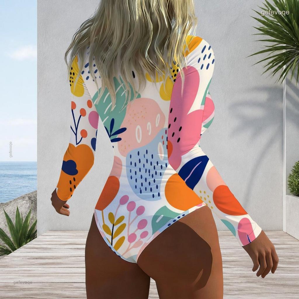 Women Plus Size Long Sleeve High Neck Half Zip Floral Print One Piece Swimsuit