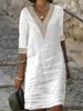 European and American autumn new solid color V-neck medium sleeve cotton and linen temperament elegant dress women