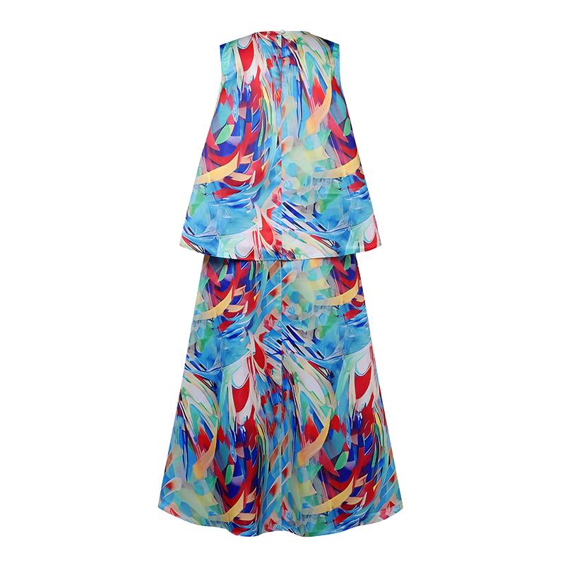 Women's Large Size Round Neck Sleeveless Printed Loose A-Line Top and Skirt Set