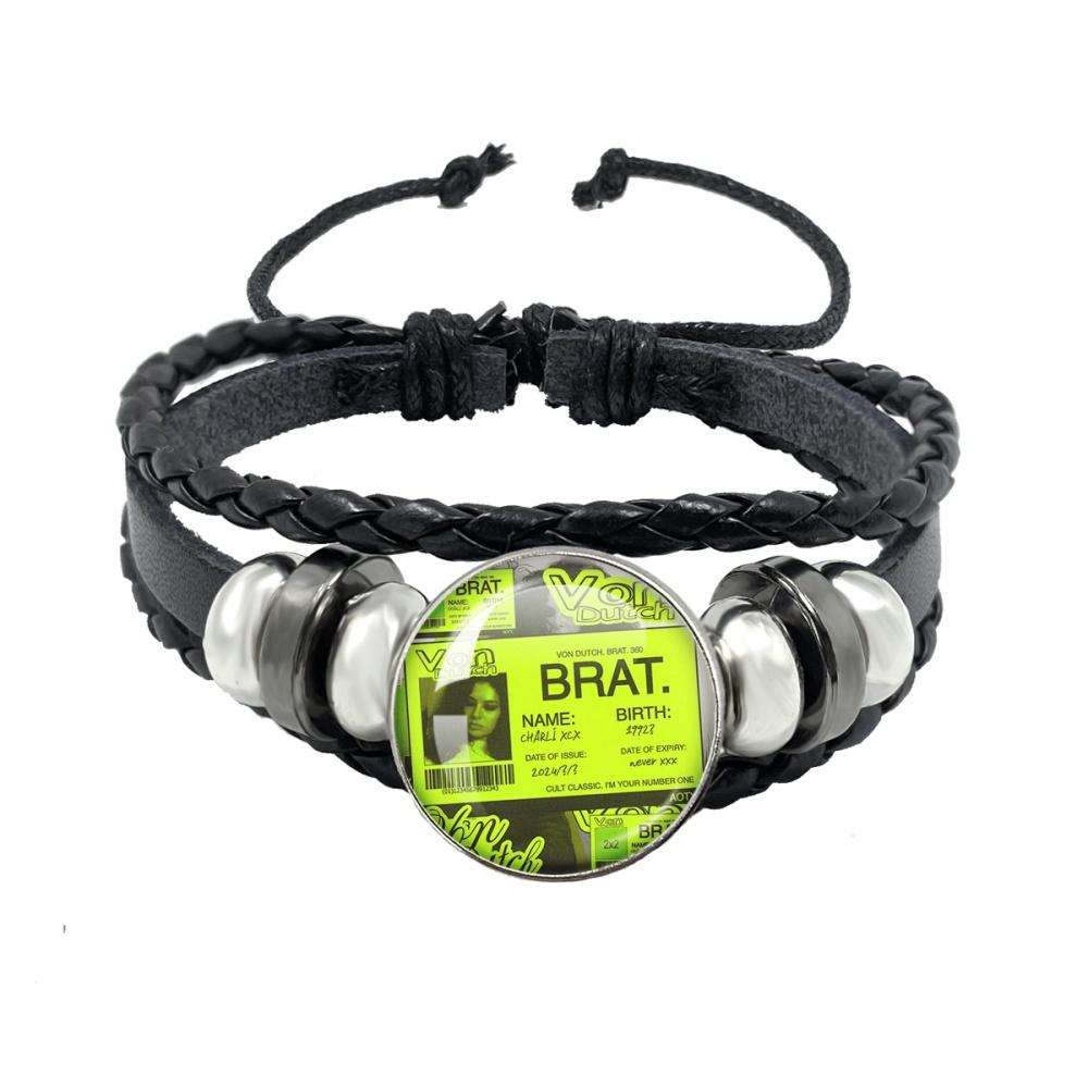 

Album BRAT Charli XCX Creative Black Rope Button Glass Cabochon Leather Bracelet Jewelry Charm Fans Gift