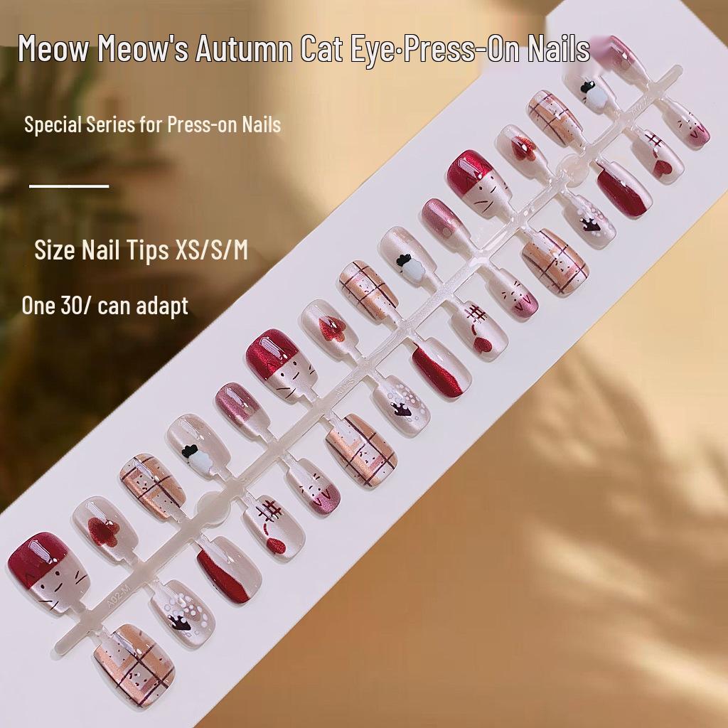 

Осенний клетчатый кошачий глаз носимые накладные ногти в стильных готовых изделиях