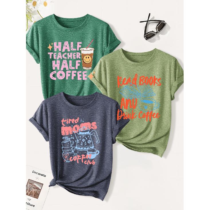 3 Pack of women's summer tops | Healing prints for coffee lovers T Shirt | Cute and trendy casual round-neck short-sleeve suit | 2026 Summer