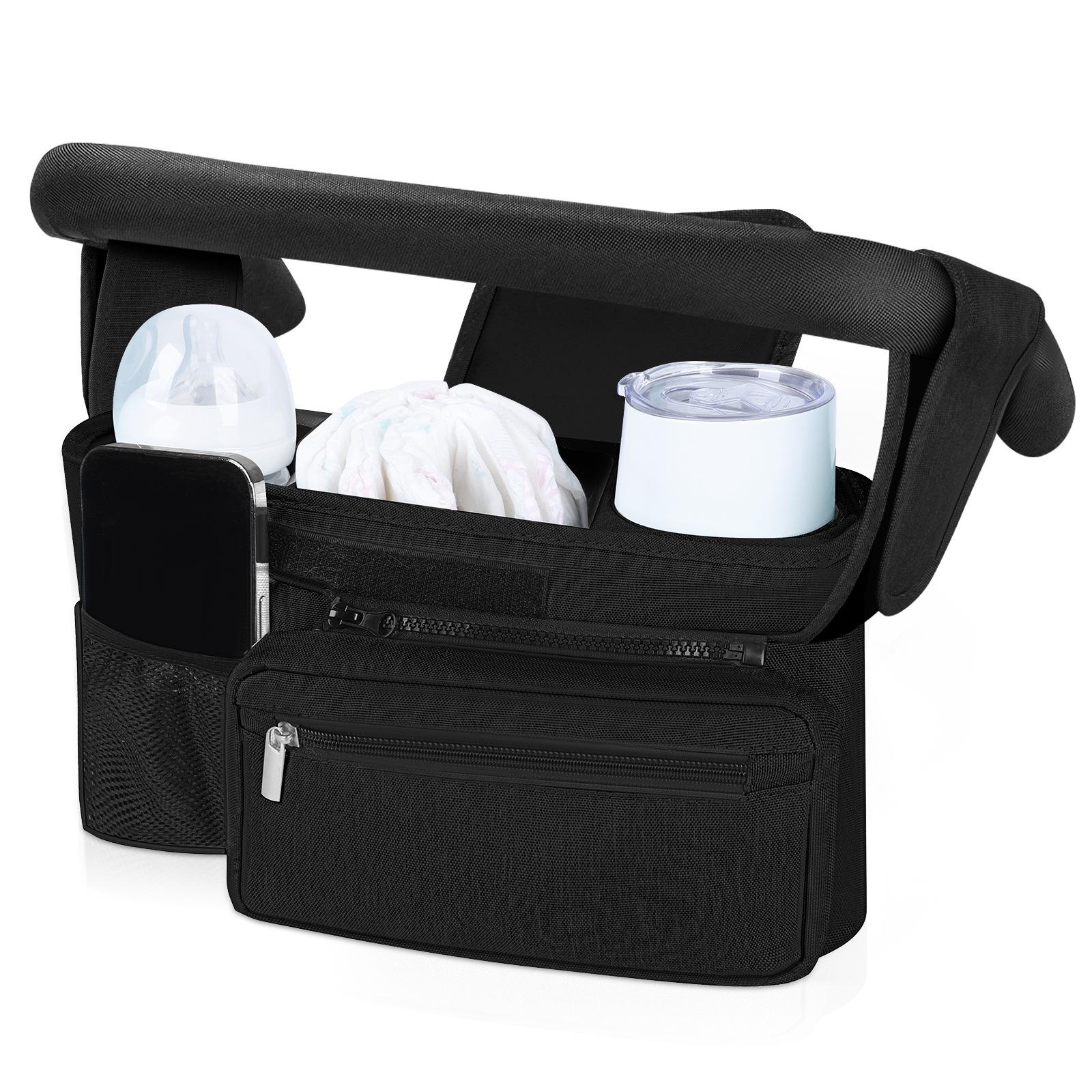 Universal Baby Stroller Organizer Bag, Large Capacity Hanging Storage Basket With Cup Holder, Stroller Accessories чёрный