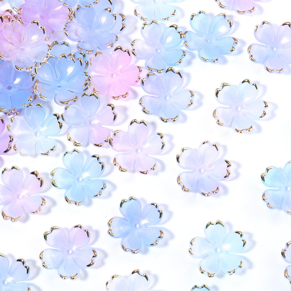 50pcs/lot Colorful Cherry Blossom Acrylic Beads Golden Brushed Patter Petals Charm Connectors For Jewelry Making DIY Acessories