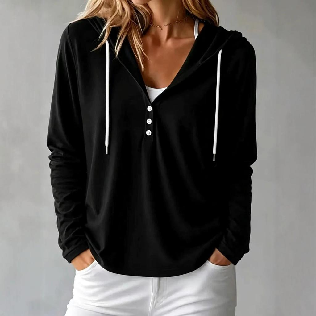 Women's Casual Loose Fit Long Sleeve Hooded Top with and Buttons for Everyday Wear