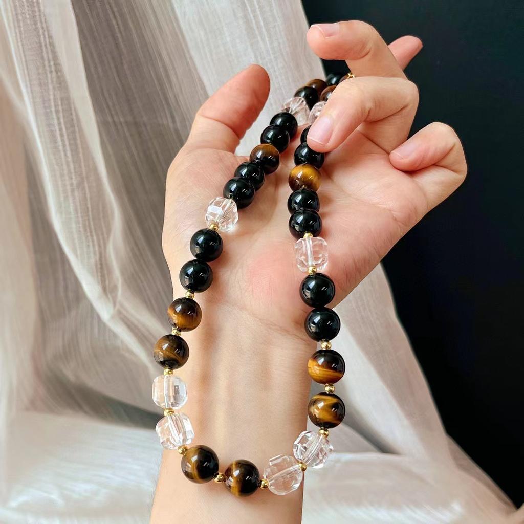 National Style Maillard Style Natural Tiger'S Eye Stone Necklace Female Natural Sugar Cube White Crystal Retro Sweater Chain