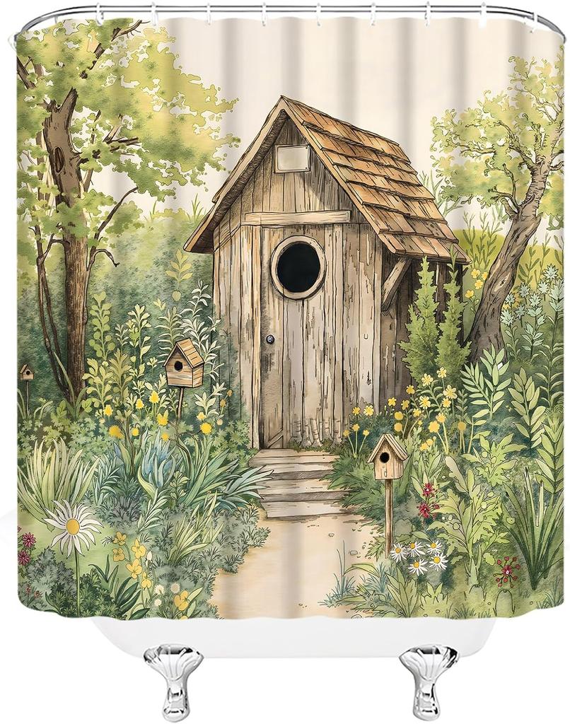 Rustic Farmhouse Shower Curtain Primitive Country Outhouse Vintage Wooden Backhouse Grass Yard Nature Garden Fabric Bathroom