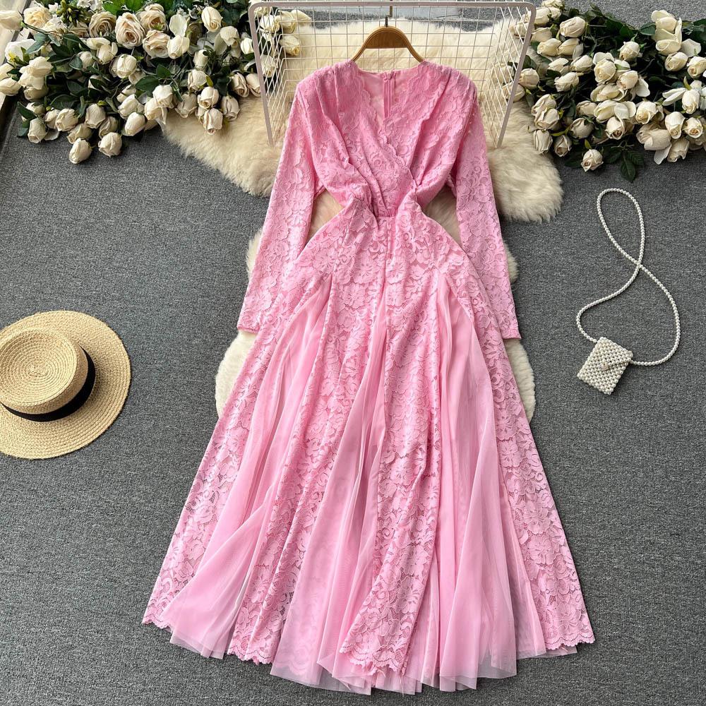 

Женское французское нежное элегантное платье с кружевом и сетчатыми вставками, летне-осеннее, с длинным рукавом, для выпускного вечера, вечернее, для дня рождения One Size розовый