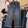 2025 Girls' Korean Style Fleece-Lined Straight-Leg Jeans with Lace for Autumn/Winter