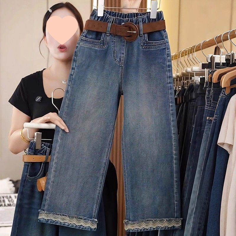 

2025 Girls Korean Style Fleece-Lined Straight-Leg Jeans with Lace for Autumn/Winter