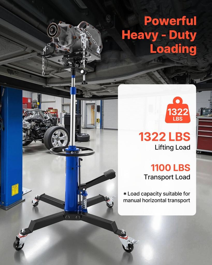 Hydraulic Transmission Jack, 1322 Lbs / 0.6 Ton Lifting Capacity Telescoping Transmission Jack with Foot Pedal, Dual Telescopic Trans, 88-176 Cm High