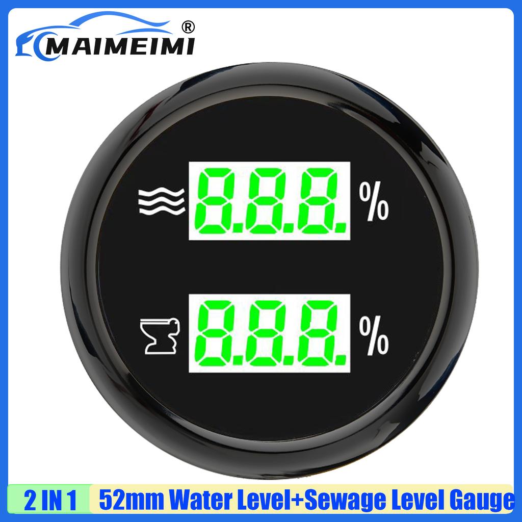 MAIMEIMI Green LED 2IN1 Dual 52mm Gauge Car Digital Water Level+Sewage Level Meter with Flash Alarm 0-190ohm,240-33ohm,0-90ohm