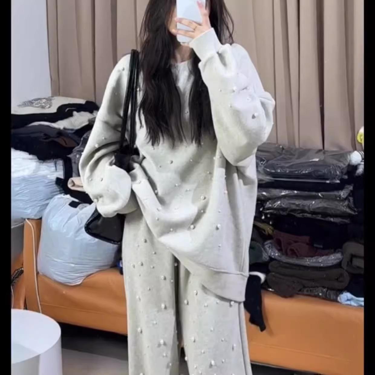 

Плюс размер Весна и Осень Бисерный Длинный Рукав Толстовка Эластичный Высокая Талия Прямые Брюки Костюм L серый