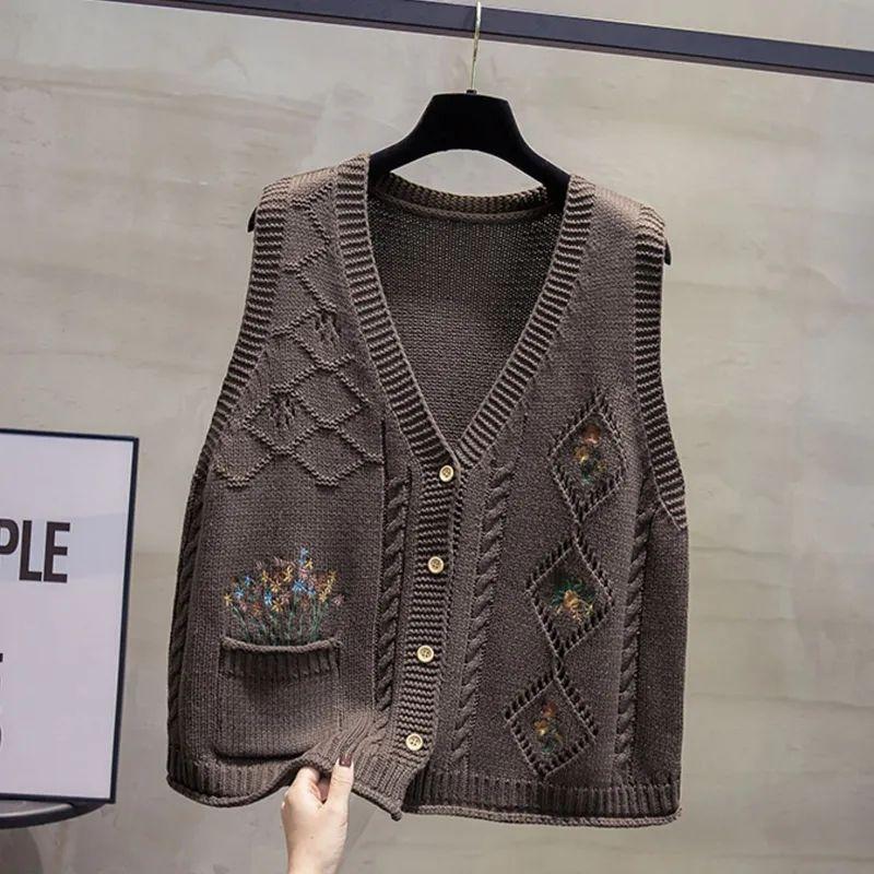 Women's Autumn and Winter Knitted Hollow-Out Embroidered Vest Cardigan Loose Versatile Cardigan Gilet Artistic Retro Style
