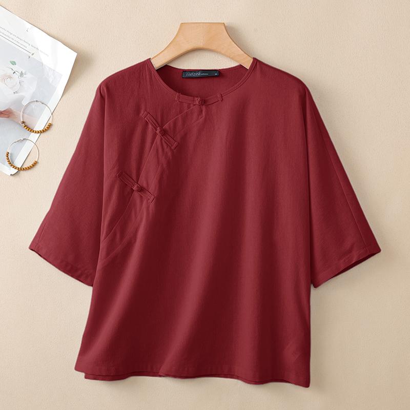 ZANZEA Women Casual Round Neck Solid Color Loose Half Sleeve Blouse