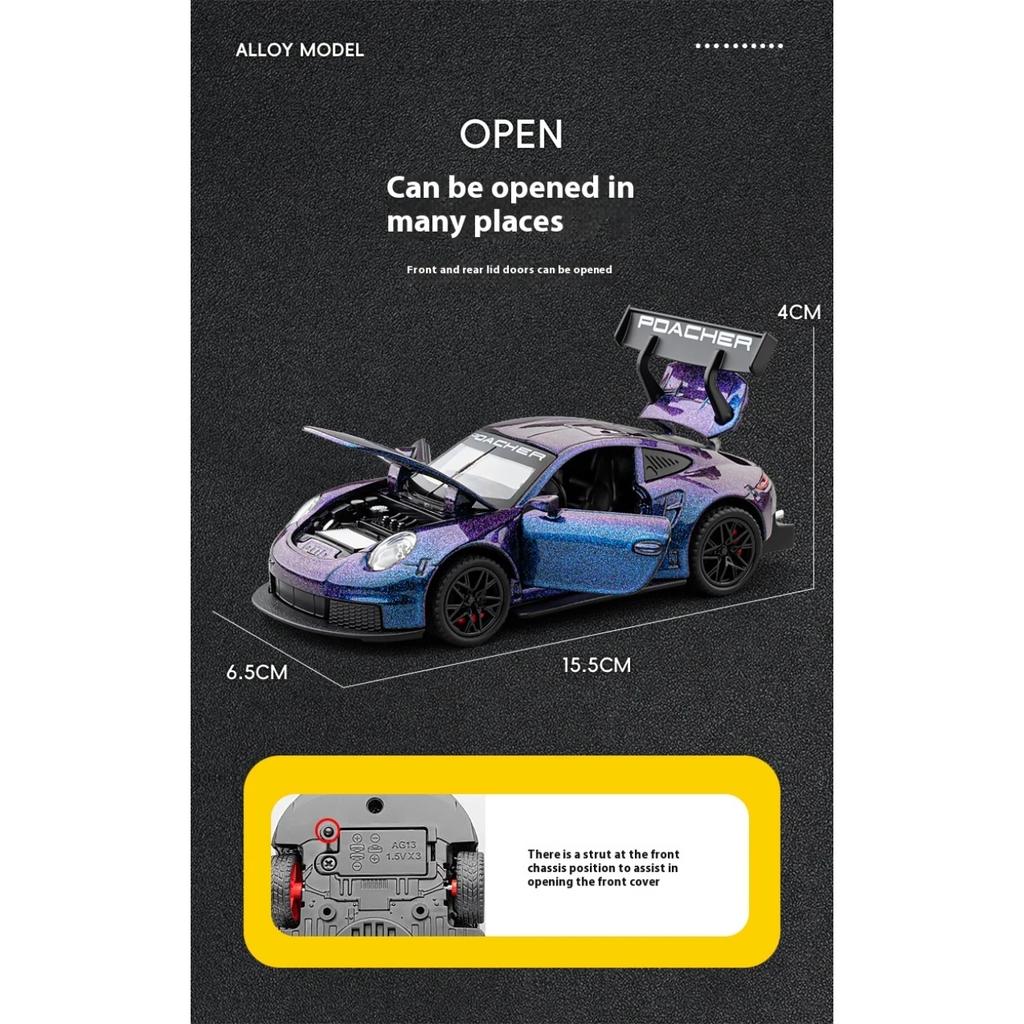 1/32 Porsche GT3 RS Supercar Alloy Diecast Metal Model Computer Desktop Ornaments Sound & Light Toy Children Birthday Toy Gift