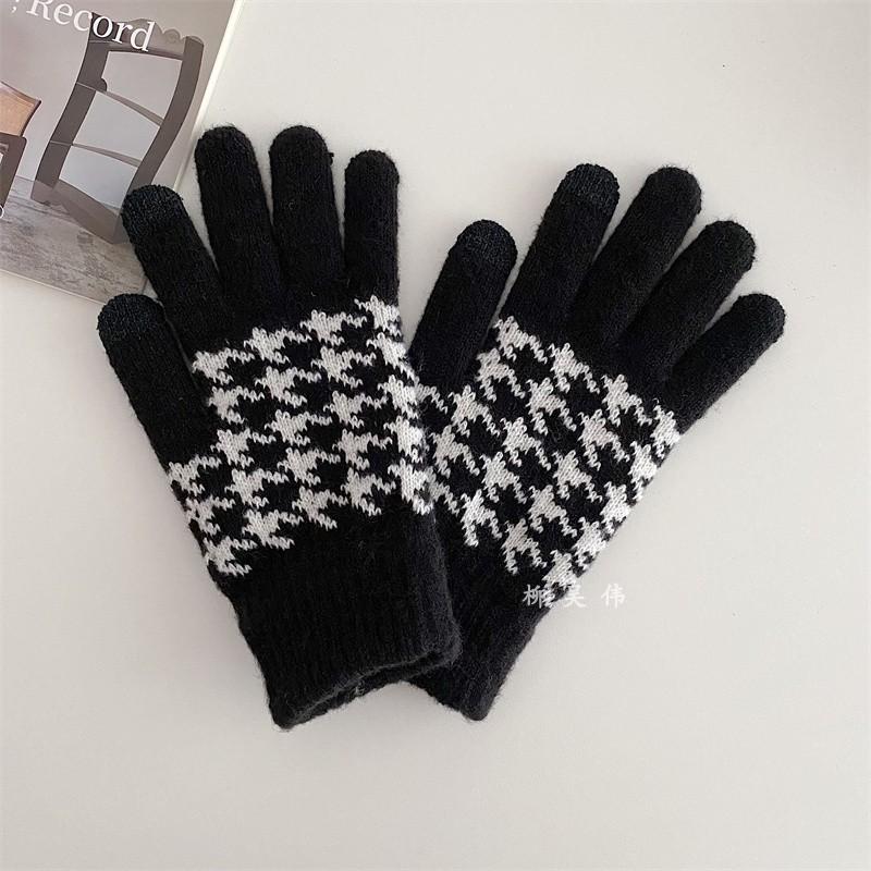 Herbst und Winter Tausend Vogel Gitter Strickhandschuhe für Damen Koreanischer Samt Touchscreen Wärme und Kälteschutz Radfahren Fingerhandschuhe für Herren