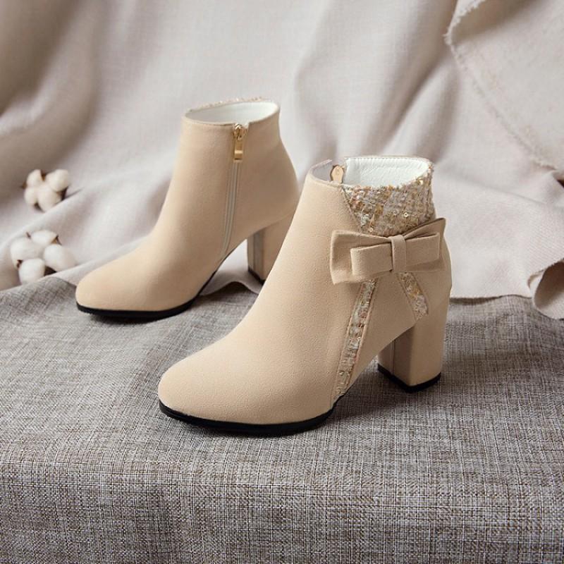 Womens Short Boots High Block Heel Pointed Toe Suede Ankle Winter Fashion