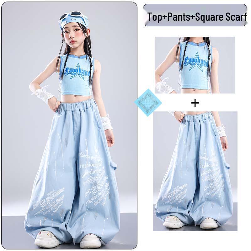 Trendy Blue Jazz Dance Costumes for Girls - Fashionable Performance Outfits for Children's Fashion Shows