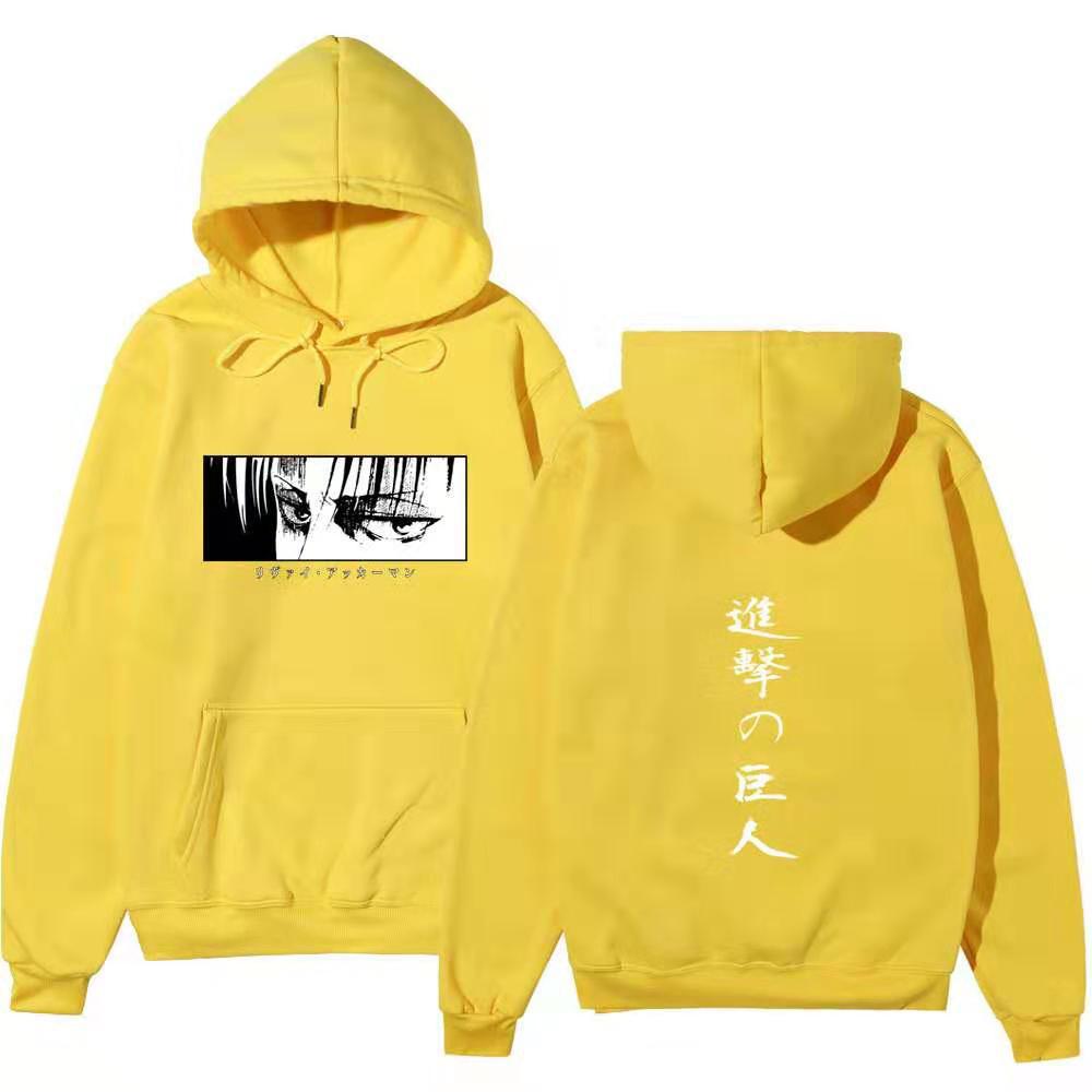 Attack On Titan Levi Ackerman Hoodie Unisex Fleece Sweatshirt Front Manga Eyes Print, Back Japanese Text, Autumn Winter Casual Pullover