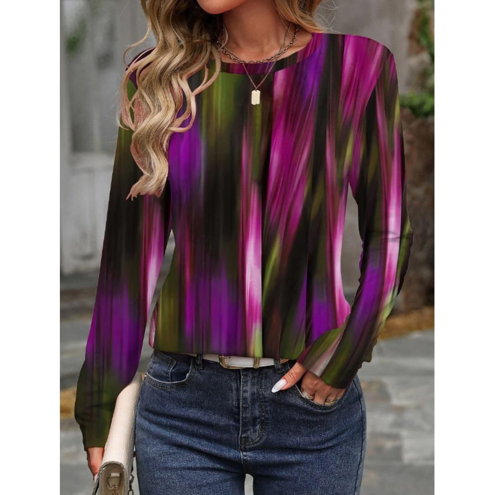 Tops for Women Abstract Design Print Round Neck Long Sleeve T-shirt Fall Casual Slim Pullover Women's Long Sleeve Top
