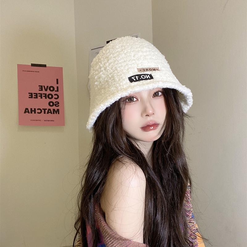 Women's Autumn and Winter Patch Plush Fisherman's Hat Big Head Circumference Korean Version Versatile Warm Japanese Basin Hat Trendy
