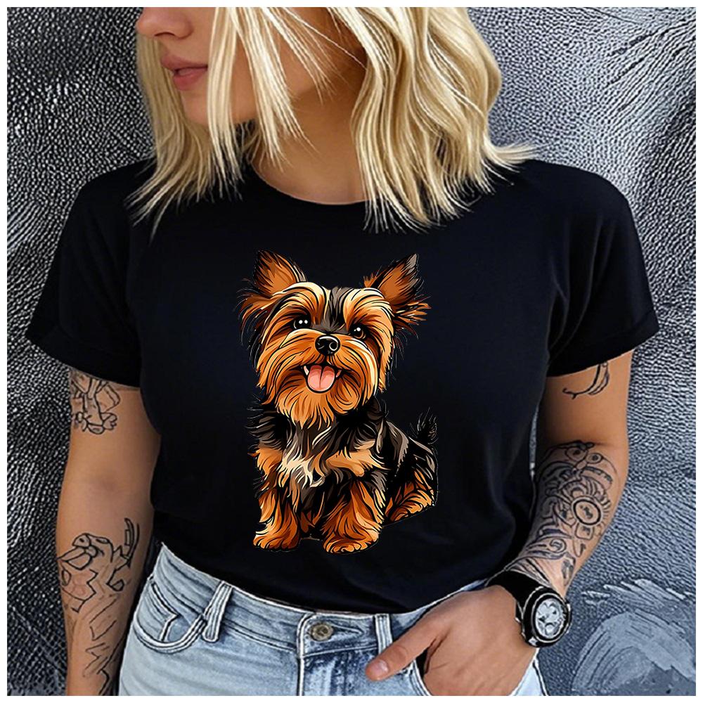 Cotton Cute Smiling Yorkshire Terrier Puppy Print Women T Shirt Fluffy Yorkie Dog Graphic Pet Lover Casual Short Sleeve Tee
