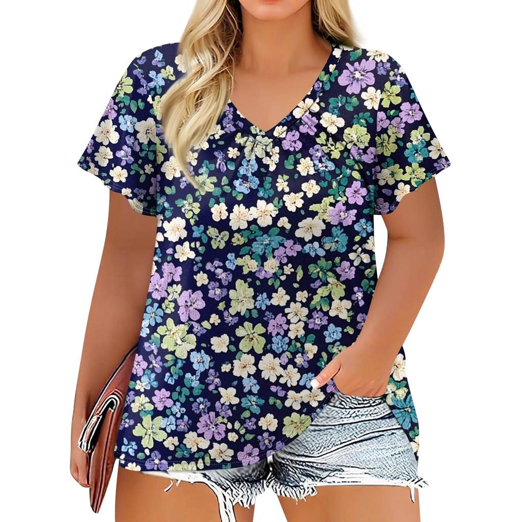 Women's Fashion Casual Printed  V-Neck Short Sleeve Large Size T-Shirt Top