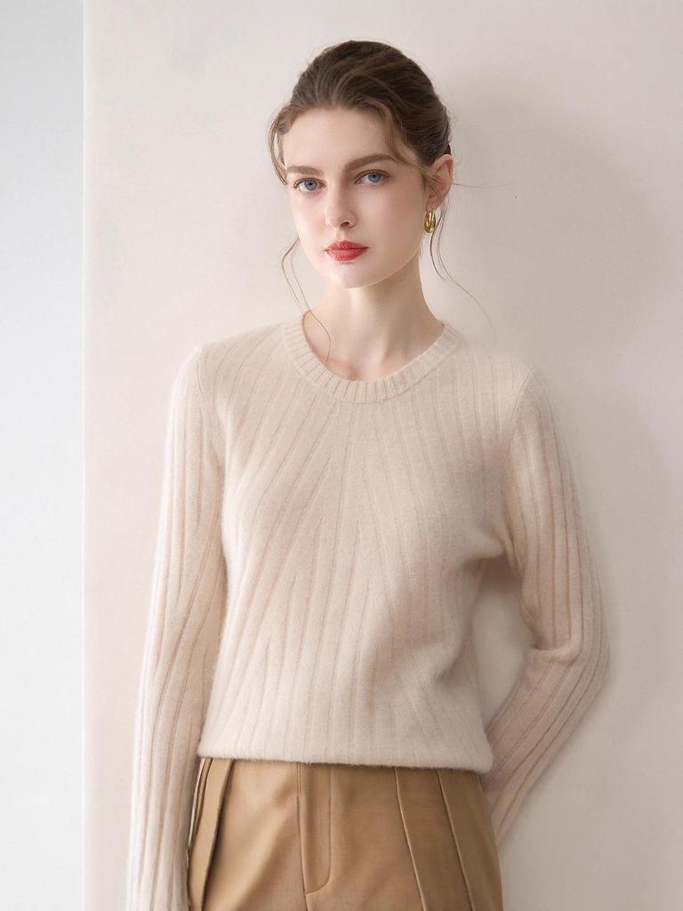 100% Pure Cashmere Women's Round Neck Ribbed Sweater
