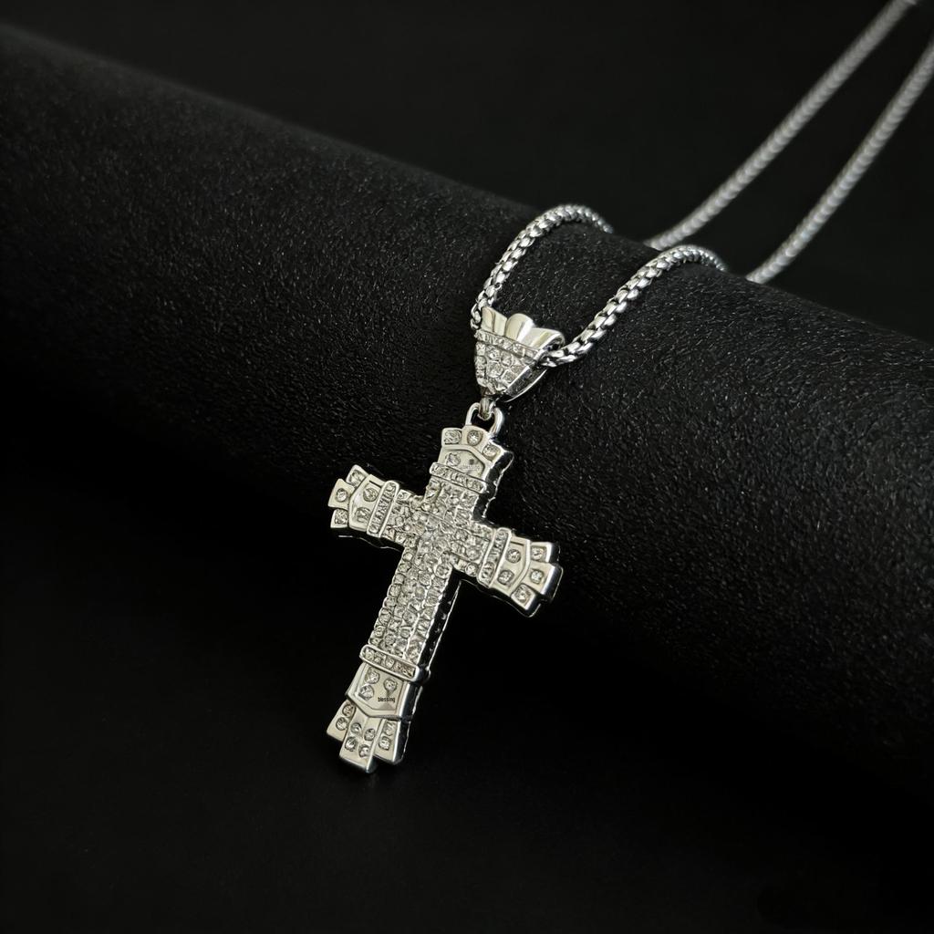 Men's Gold-Plated Retro Cross Pendant Hip-Hop Necklace with Full Diamond Encrustation