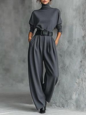 Completo Due Pezzi da Donna con Cintura: Scollo Alto Manica Lunga e Pantaloni a Vita Alta Gamba Larga