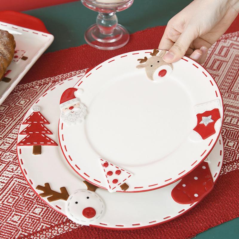 Farfurie Desert Ceramică de Crăciun Veselă Rotundă Moș Crăciun Tort Friptură Paste Vas Vestic Deco Acasă Bucătărie Veselă Cină Cadou XMAS