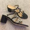 Fashion French Summer Sandals and Slippers Women's New Outside Wear Round Toe Open Toe Rivet Block Heel Versatile Fashion High Heels